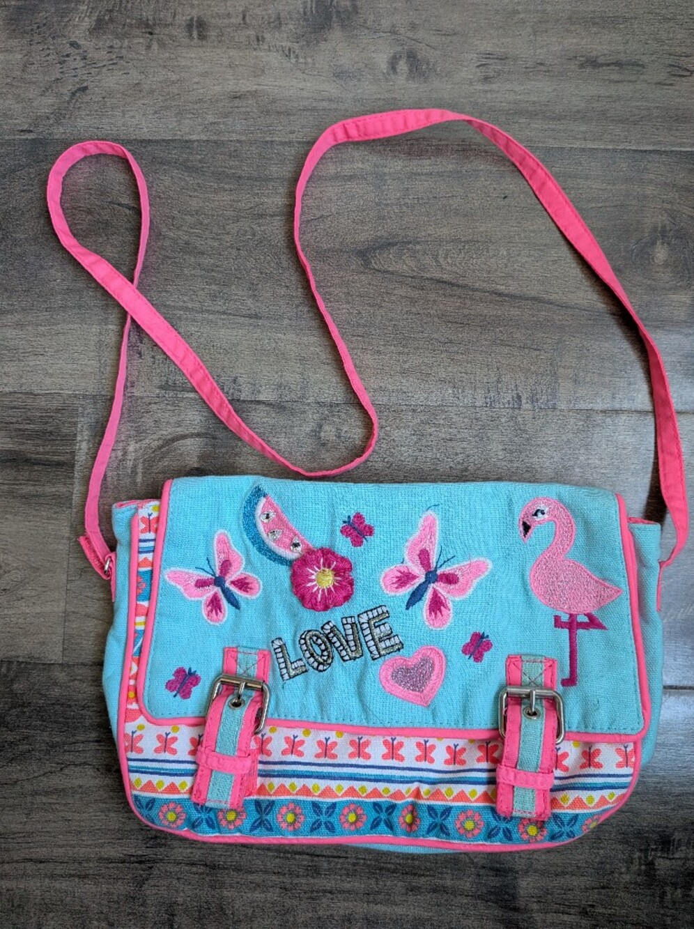 Angels by Accessorize Kids Flamingo Butterfly Embroidered Crossbody Purse - Picture 1 of 8